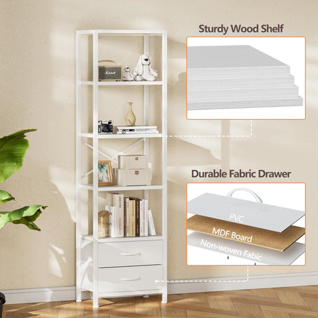 Furnulem 5-Tier Corner Shelf, Narrow Bookshelf with 2 Storage Drawers, Tall Bookcase, Standing Shelf Organizer Unit for Living Room, Bedroom, Metal Frame, Wood Display Shelf(White) Furnulem