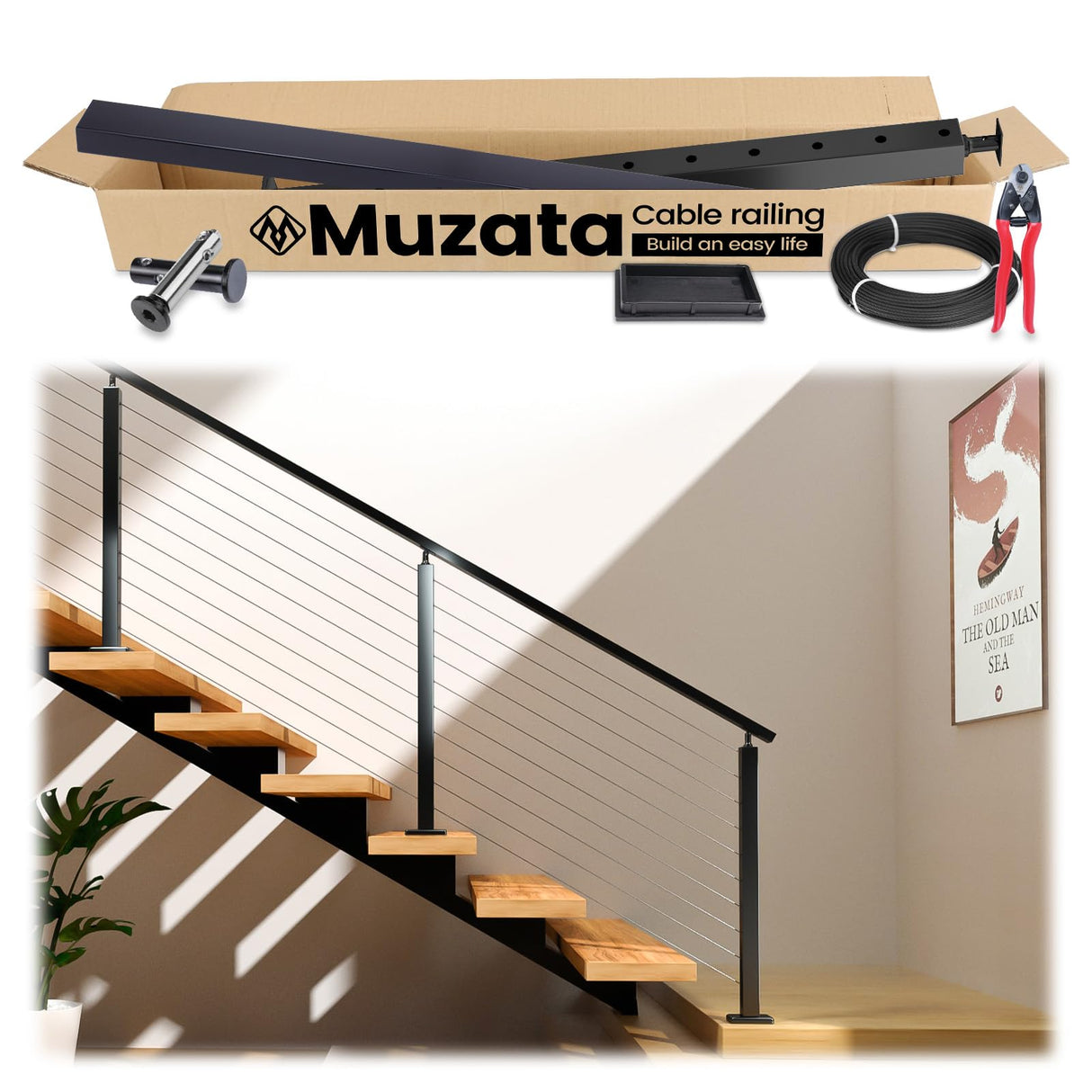 Muzata 3'-6'6" Black Complete Cable Railing Kit for Stairs 42 Inch Cable Railing System with Post Handrail Length Adjustable Easy DIY with User Guide Complete Set RCS1 BA4L Muzata