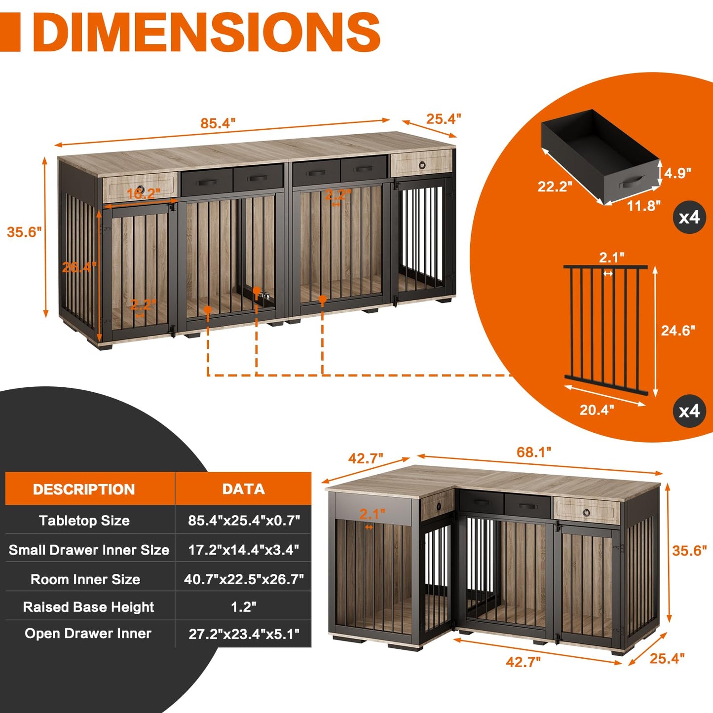 PAPIHO Dog Crate Furniture for 2 Dogs,Corner Wooden Furniture Style Combined Dog Crate Kennel with Fabric Drawers&Removable Divider,Dog Crate Can Use Separately - WoodArtSupply