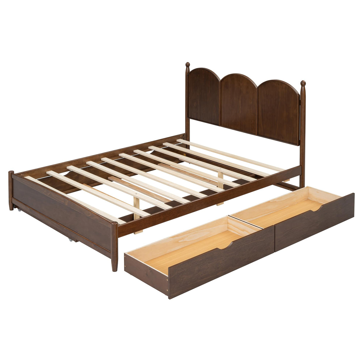 Merax Queen Size Platform Bed with 2 Storage Drawers and Twin XL Size Trundle, Rustic Design Wooden Bed Frame, Walnut Merax