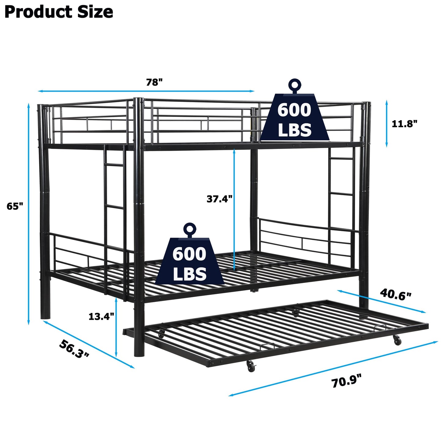 ZMIZAKOY Heavy Duty Full Over Full Bunk Bed with Trundle for Kids Adults Teens, Metal Bunk Bed with Sturdy Guard Rail & 2 Side Ladders, Convertible Bunkbed, No Box Spring Needed (Black)