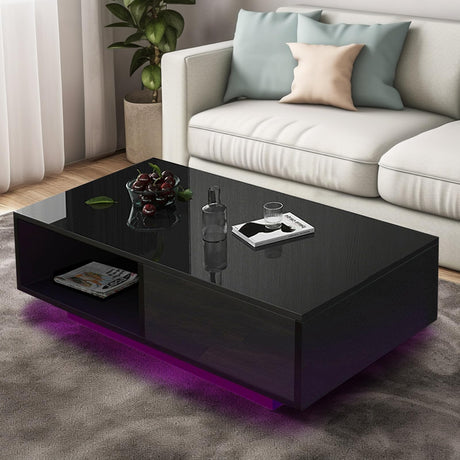 COSVALVE 43.3IN LED Black Coffee Tables for Living Room with 16 Colors LED Lights Modern Coffee Table with Storage Drawer Rectangle Center Table for Home Furniture COSVALVE