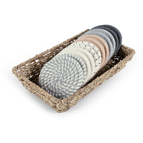 Boho Coasters for Drinks with Seagrass Basket Holder Set,12 Pcs Handmade Woven Absorbent Insulating Coasters for Coffee Table,Table Home Decor BUEDM