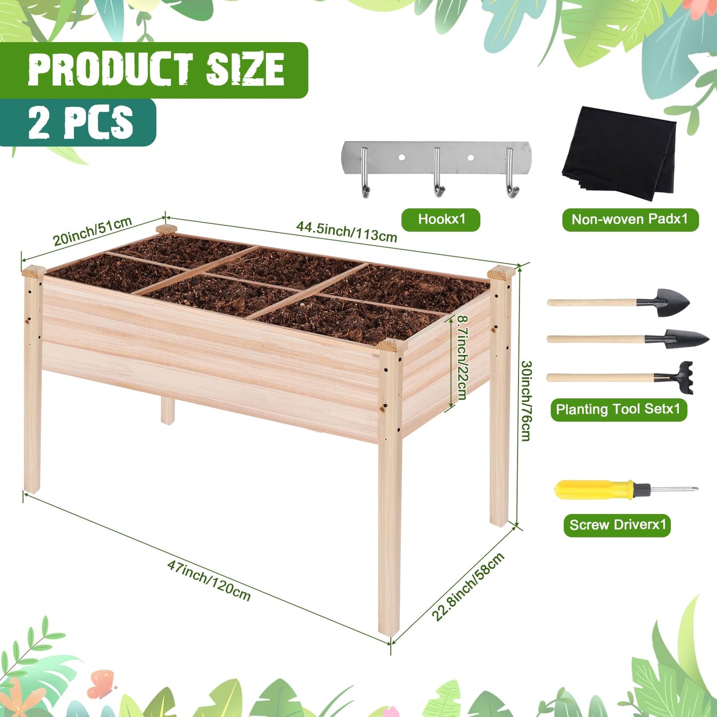 Barydat 2 Pcs Raised Garden Bed with Legs 48 x 24 x 30 Inches Elevated Fir Wood Planter Box 220lb Capacity Standing Growing Bed with 1 Set of Tool for Backyard Patio Balcony Vegetable Flower  - WoodArtSupply