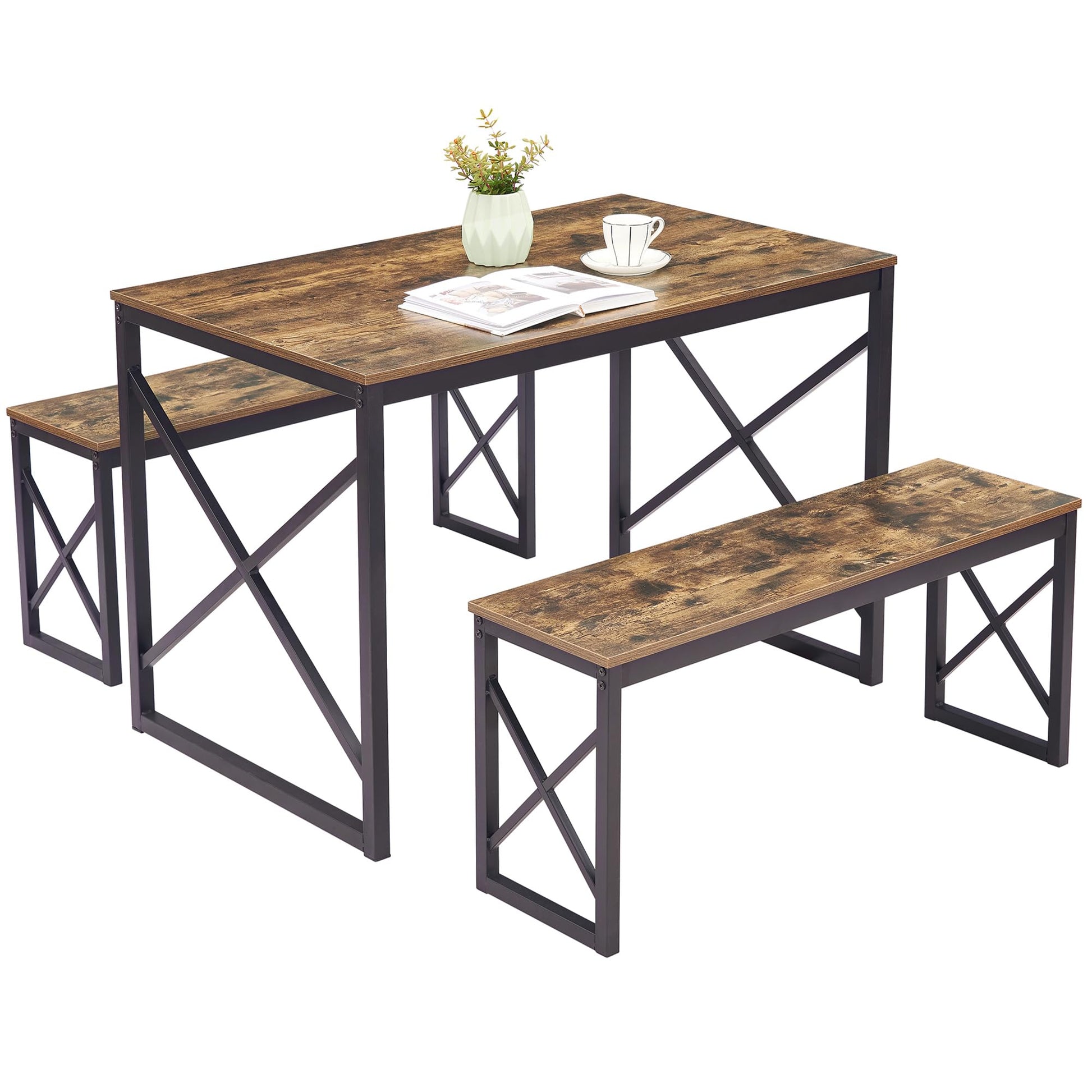 VECELO Kitchen Table with 2 Benches for 4, 43.3'' Wood Dining Room Dinette Sets with X Metal Frame for Breakfast Nook and Small Space, Brown - WoodArtSupply