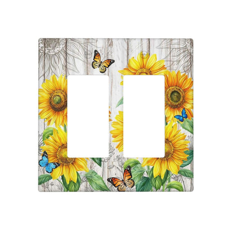 Yamxbfa Rustic Sunflower Farmhouse Floral Wooden Plank Double Rocker Light Switch Cover 2 Gang Outlet Wall Plate Decorative GFCI Switchplate Electrical Faceplate for Farmhouse Bedroom Bathroom Decor Yamxbfa