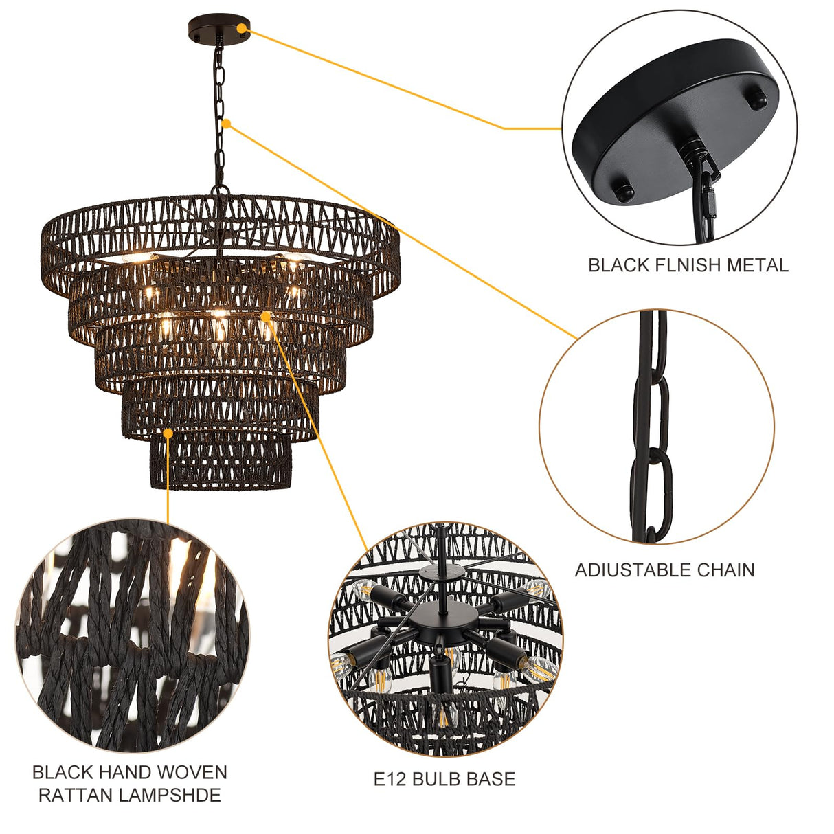 Widluth 25.6” Black Hand-Woven Rattan Chandelier Vintage Farmhouse 8-Lights Boho Large Bamboo Chandelier Light Fixture Retro 5-Tier Drum Wicker Chandelier for Dining Room, Kitchen, Bedroom, E12 Widluth