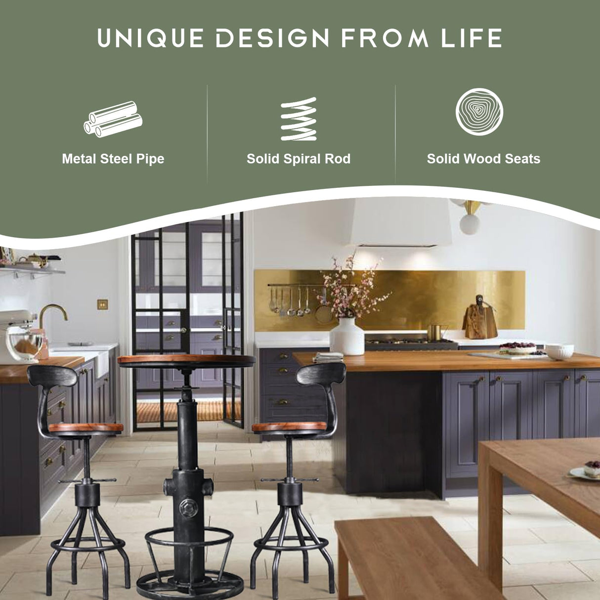 LOKKHAN Set of 2 Rustic Industrial Bar Stool-24-30 Tall Adjustable Metal Swivel Wooden Top Barstools-Counter Height Bar Height-Vintage Farmhouse Kitchen Breakfast Cafe Stool-with Backrest LOKKHAN