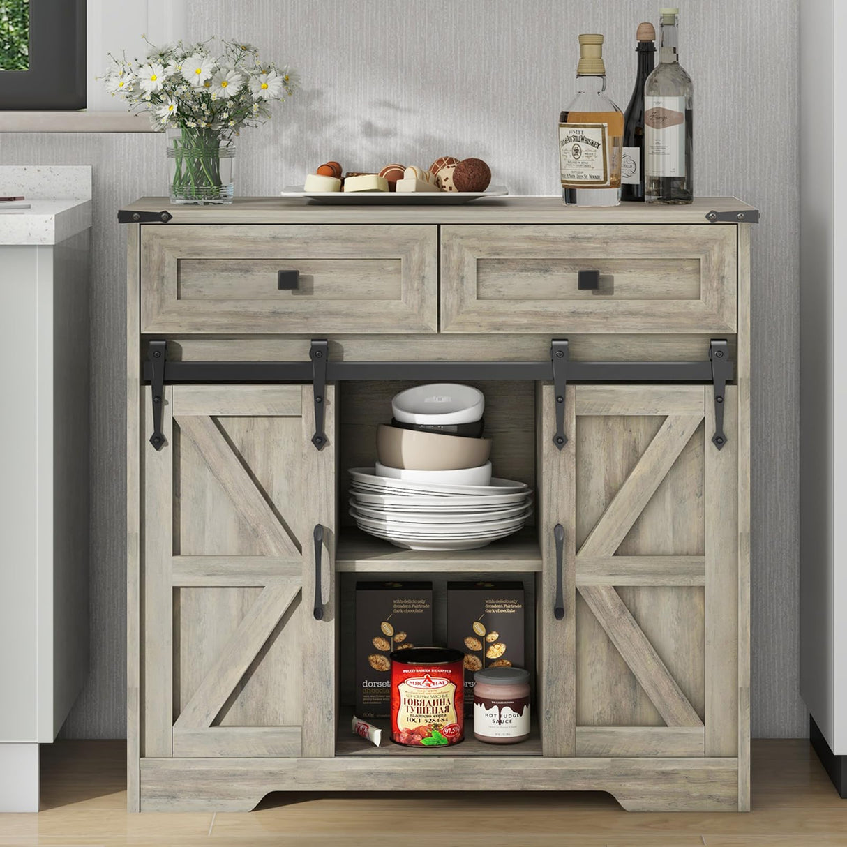 Vabches Farmhouse Storage Cabinet with Sliding Barn Doors and Drawers, Grey Freestanding Kitchen Pantry Cabinet, Floor Storage Cabinet for Bathroom, Living Room, Adjustable Shelves, Ample Space Vabches