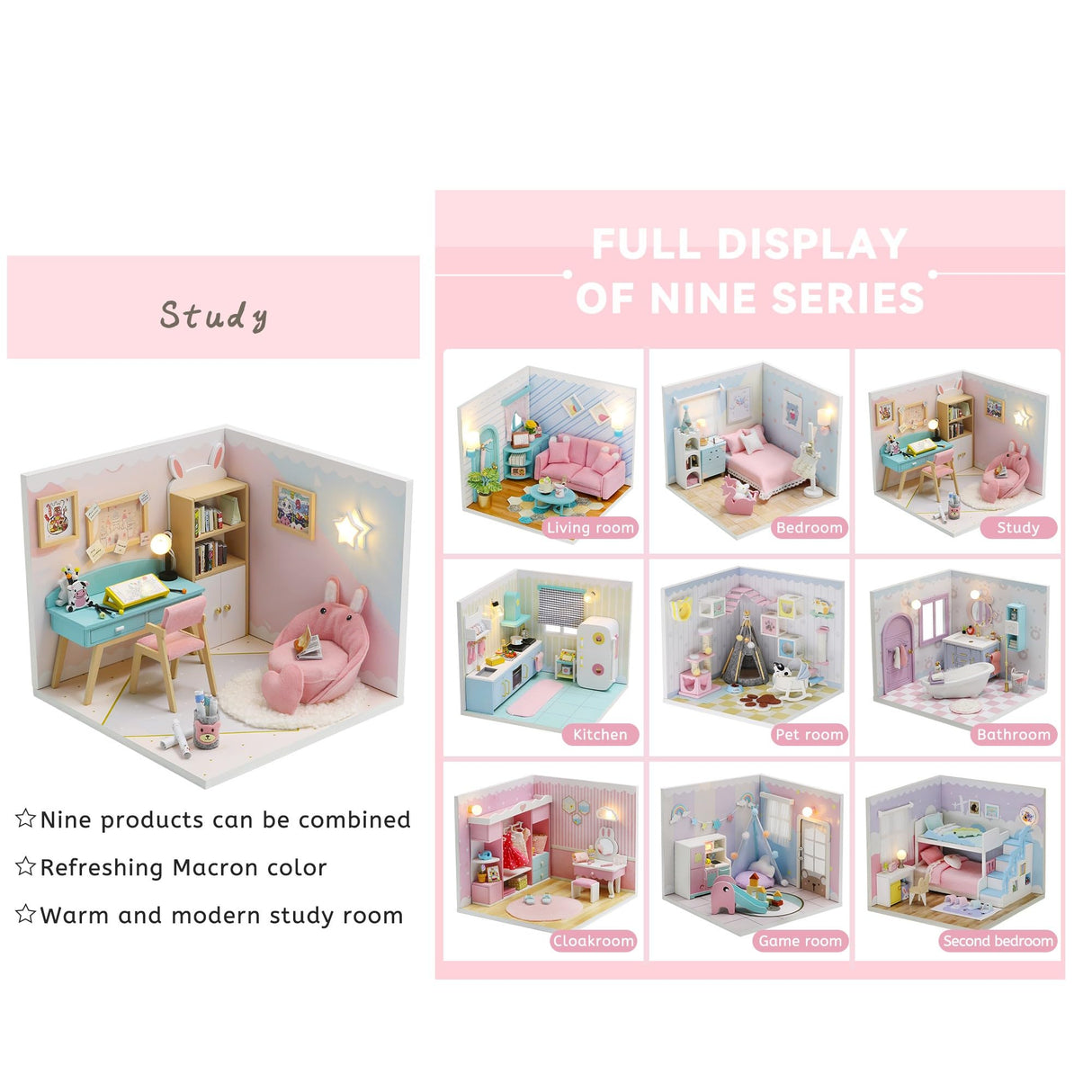 Kisoy Dollhouse Miniature with Furniture Kit, DIY 3D Wooden DIY House Kit A Corner of a Small Apartment Style with Dust Cover & LED,Handmade Tiny House Toys for Kids Adults Gift (Study Room) Kisoy