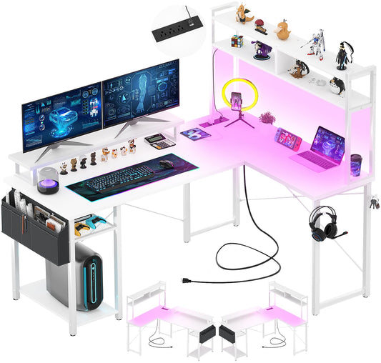 Aheaplus Small L Shaped Desk with Charging Port & LED Strip, Reversible L-Shaped Gaming Desk Computer Desk with Monitor Stand & Storage Shelf, Corner Desks Home Office Desk with Storage Bag, White