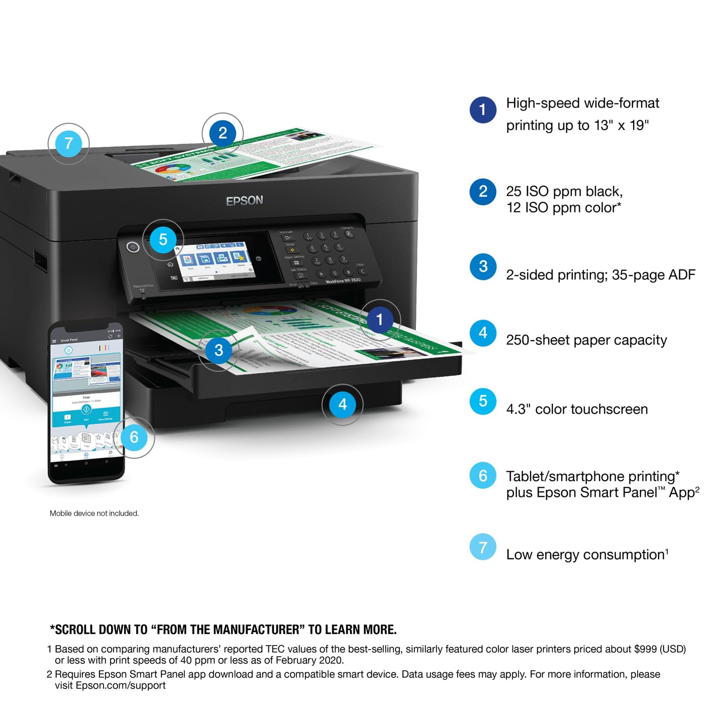 Epson Workforce Pro WF-7820 Wireless All-in-One Wide-Format Printer with Auto 2-Sided Print 13" x 19", Copy, Scan & Fax, 50-Page ADF, 250-sheet Paper Capacity, Works with Alexa, Large Black