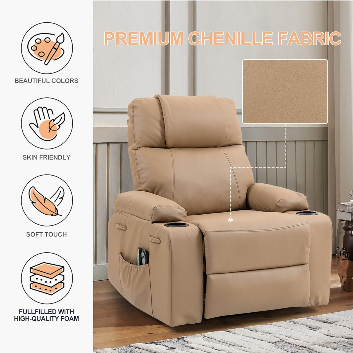 Power Lift Recliner Chair for Elderly, Electric Stand Assist Reclining Chair with Massage and Heat Function, Leather Living Room Furniture, Comfy Single Sofa with Cup Holders, Side Pockets, Brown BRTHORY