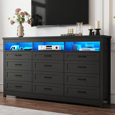 Hlivelood Farmhouse 12 Drawer Dresser with LED Lights, 71" Wide Large Chest of Drawers for Bedroom, Modern Wood Dresser Storage Organizer with Charging Station for Living Room, Bedroom, Hallway, Black