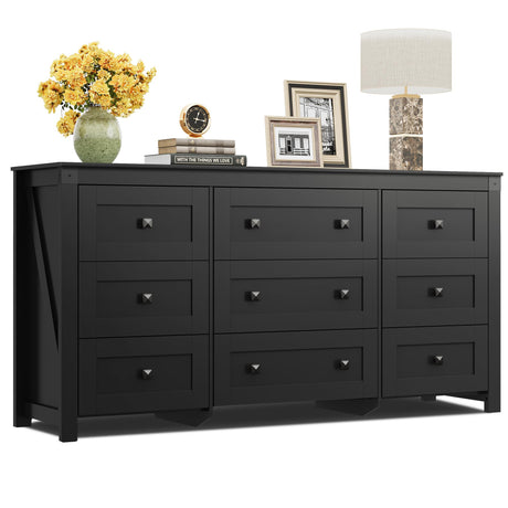 WLIVE Farmhouse 9 Drawer Dresser, 63" Wide Dresser Storage Organizer, Wood Dresser for Bedroom,TV Stand for 70 inch TV, Chest of Drawers for Living Room, Hallway, Ball Bearing Slide (Black) WLIVE