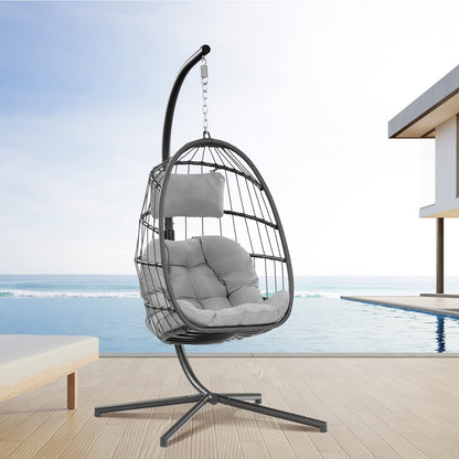 Egg Swing Chair with Stand Hanging Egg Chair Outdoor - Rattan Wicker Patio Hanging Basket Chair Hammock Chair with Aluminum Steel Frame and UV Resistant Cushion for Indoor Bedroom Balcony (Gr - WoodArtSupply