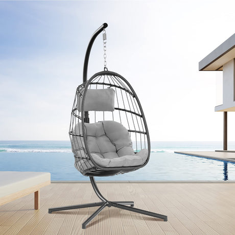 Egg Swing Chair with Stand Hanging Egg Chair Outdoor - Rattan Wicker Patio Hanging Basket Chair Hammock Chair with Aluminum Steel Frame and UV Resistant Cushion for Indoor Bedroom Balcony (Grey) XIAO WEI