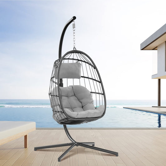 Egg Swing Chair with Stand Hanging Egg Chair Outdoor - Rattan Wicker Patio Hanging Basket Chair Hammock Chair with Aluminum Steel Frame and UV Resistant Cushion for Indoor Bedroom Balcony (Grey)