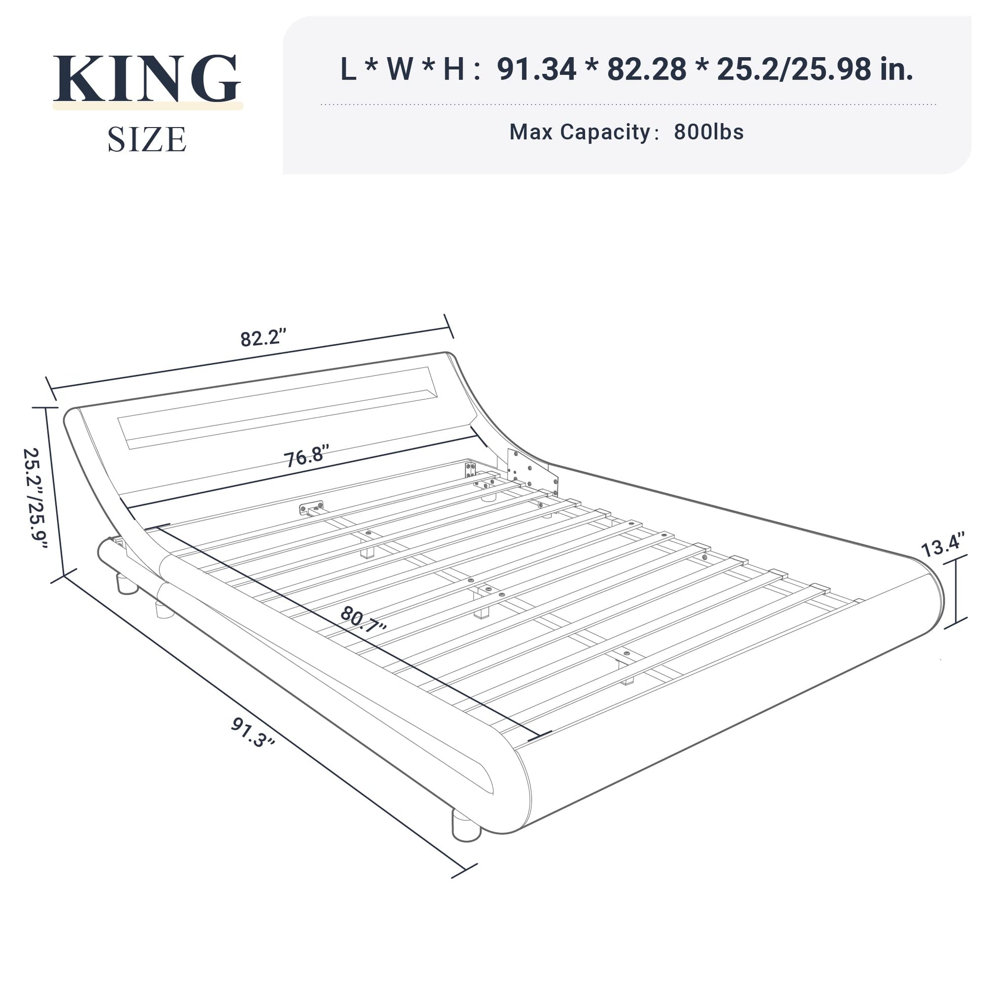 Allewie Grey King Size LED Platform Bed Frame with Adjustable Headboard and No Box Spring Required - WoodArtSupply