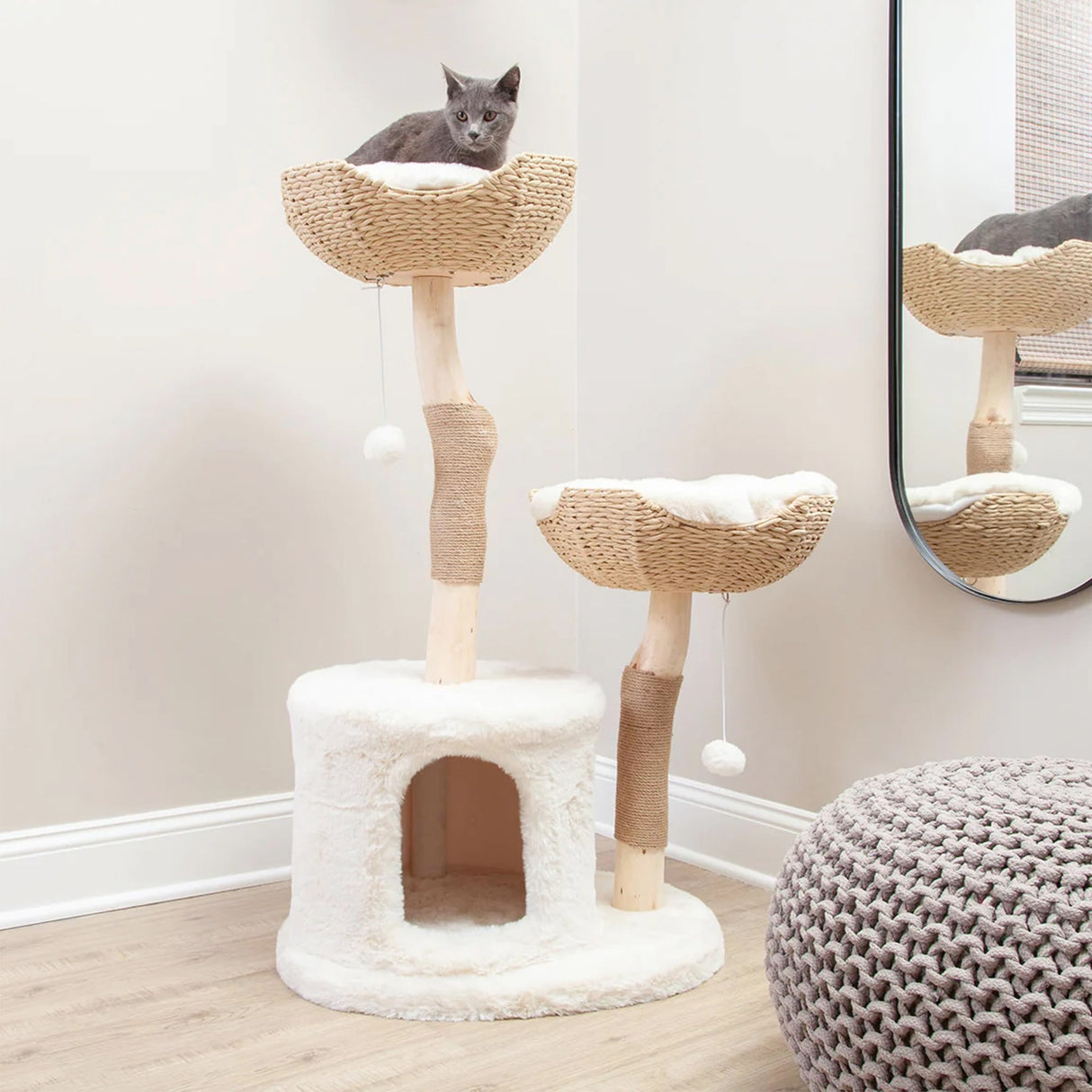 Habitat Haven The Bungalow Cat Tree - Luxury Cat Condo, Large Modern Indoor Tower with 2 Faux Fur Beds, Scratching Posts, Toys, and Den for Cats, 23.5-Inch Width x 18-Inch Depth x 43-Inch Height Habitat Haven