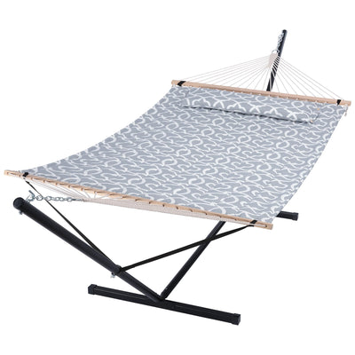 SUNCREAT 55 Inch Extra Large Double Hammock with Stand, 475lbs Capacity, Outdoor Portable Hammock with Hardwood Spreader Bar, Extra Large Pillow, Grey