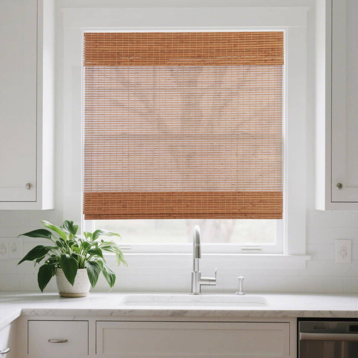 Sunbox Bamboo Roman Shades, Cordless Bamboo Blinds, Custom Size, Light Filtering Window Treatment, Natural Woven Wood Roman Shades for Windows, Doors, Caramel Sunbox