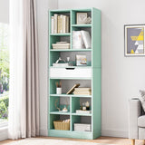 IOTXY Wooden Open Shelf Bookcase - 71 Inches Tall Freestanding Display Storage Cabinet Organizer with 10 Cubes and a Drawer, Floor Standing Bookshelf in Tiffany-Green IOTXY