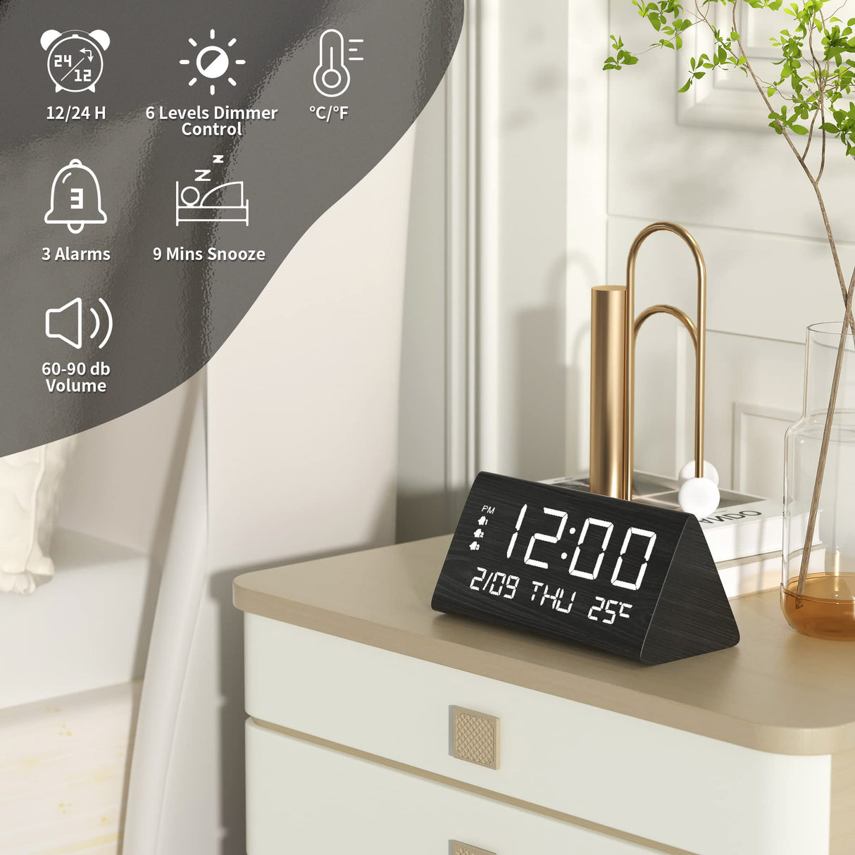 JALL Digital Alarm Clock, with Wooden Electronic LED Time Display, 3 Alarm Settings, Weekday/Weekend Mode, Temperature Detect, Wood Made Electric Clocks for Office, Bedroom, Bedside (Black) JALL