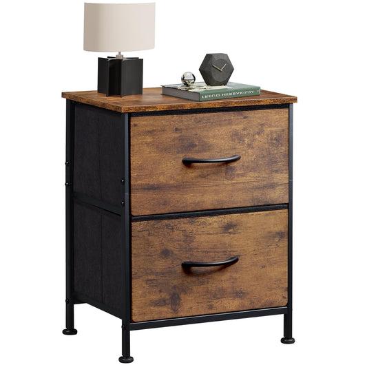 WLIVE Night Stand, Small 2 Drawer Dresser, Nightstand with Fabric Bins for Bedroom, Closet, Dorm, Rustic Brown Wood Grain Print, 11.8" D x 15.7" W x 20.9" H