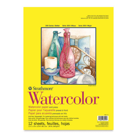 Strathmore 300 Series Watercolor Paper Pad, Tape Bound, 11x15 inches, 12 Sheets (140lb/300g) - Artist Paper for Adults and Students - Watercolors, Mixed Media, Markers and Art Journaling Strathmore