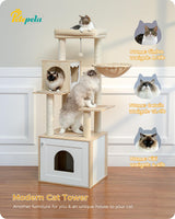 PETEPELA 56.7" Cat Tree with Litter Box Enclosure Large, Wood Cat Tower for Indoor Cats with Storage Cabinet and Cozy Cat Condo, Sisal Covered Scratching Post and Repalcable Dangling Balls, Beige PETEPELA