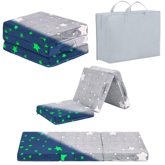 Givjoy Foldable Floor Mattress for Kids, Glow in The Dark Toddler Washable Tri Folding Floor Nap Mat for Sleeping Daycare, Child Trifold Futon Sofa Bed with Storage Bag for Girls and Boys