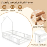 GORELAX Twin Floor Bed, Montessori House Bed, Floor Kid House Bed Frame with Fence, No Box Spring Needed, Wood Twin Size Platform Bed Frame for Boys, Girls (White) GORELAX