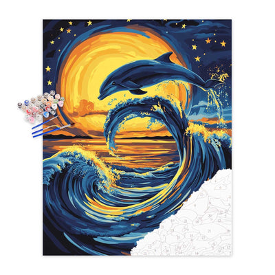 zouewit Dolphin Painting Kit, Dolphin Jumping Paint by Numbers for Adults, Dolphins at Moonlight Wall Art, Ocean Waves Paint by Number, Animal Acrylic Paint for Home Decor(16×20inch, Unframe)