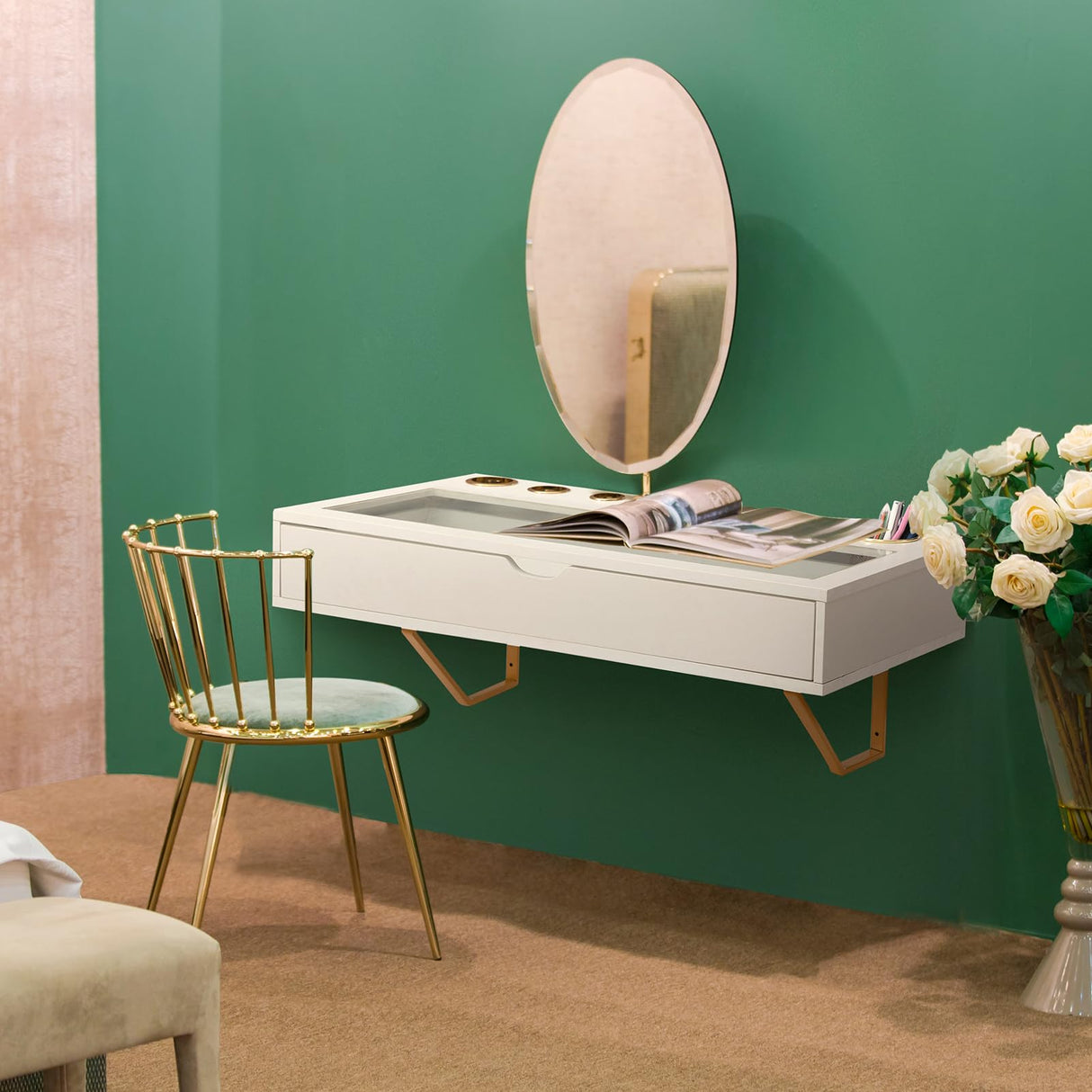 ALIMORDEN Floating Shelf with Drawer,Floating Drawer for Bathroom, White Wall Mounted Desk,Pull Out Drawer, 31 inch Surface, Floating Wall Desk, Hanging Desk, White ALIMORDEN