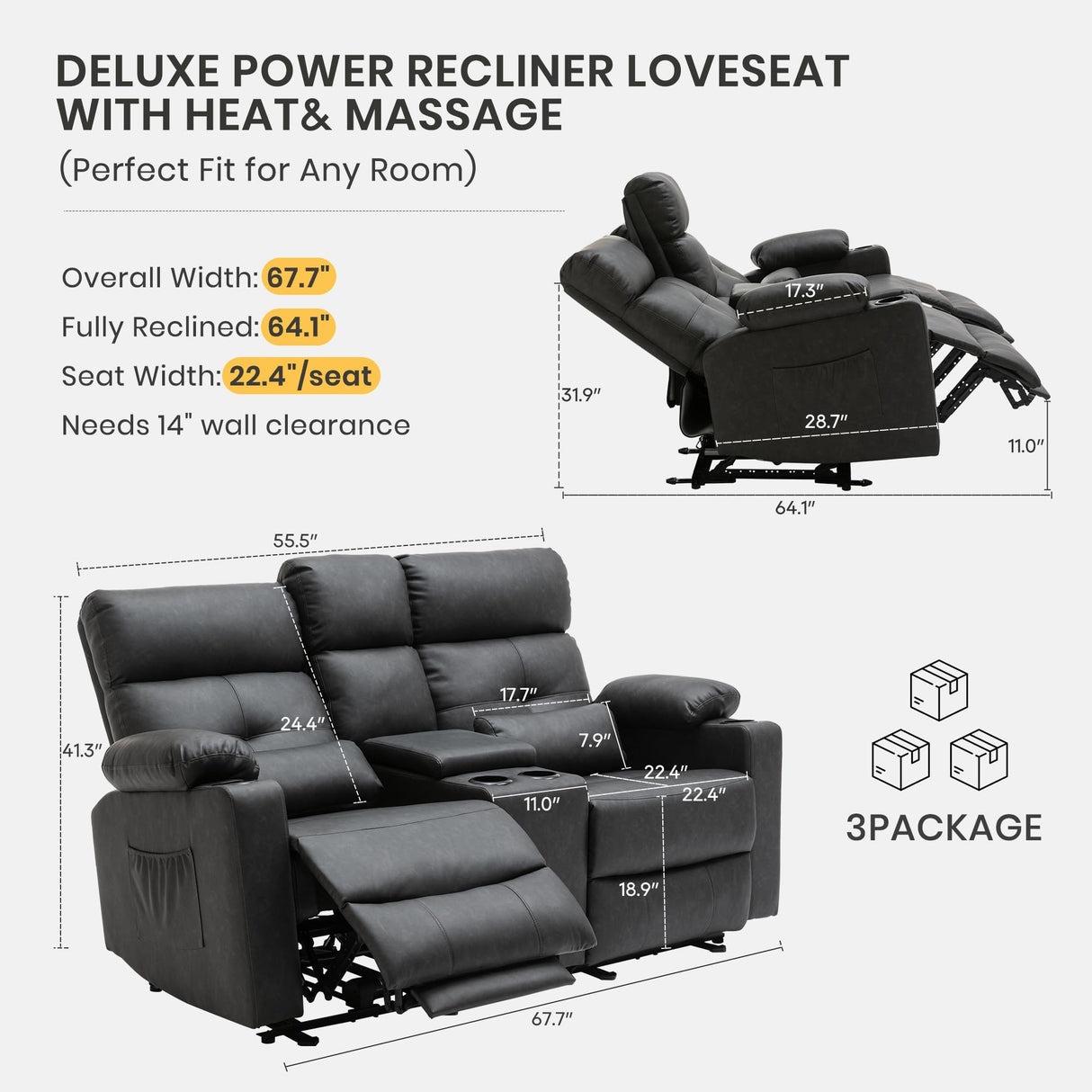 GUEAPY 68" Power Reclining Loveseat with Heat & Massage, Wall Hugger Double Reclining Sofa with Console, Cup Holders & Storage, Power Recliner Couch for Camper, Trailer, RV, Home Theater Living Room GUEAPY