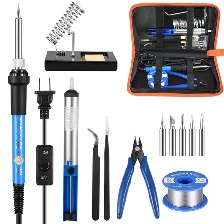 Soldering Iron Kit, Adjustable Temperature 13-in-1 60W Soldering Tool, Solder Kit Electronics with ON/Off Switch, 5 Soldering Tips, Solder Sucker, Stand, Tweezers, Solder Wire, Wire Cutter, Carry Bag KLARYTYMA