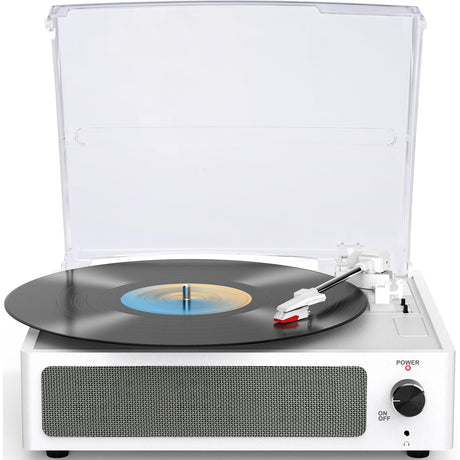 WOCKODER Vinyl Record Player with Speakers Turntable Belt-Driven Turn Table Support 3-Speed 3 Size BT Wireless Playback Headphone AUX-in RCA Line LP Phonographs Audio for Beginner Classic Pure White WOCKODER