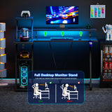 Korfile Reversible Corner Gaming Desk with LED Lights & Power Outlet, L Shaped Computer Desk with Extra Storage Shelves, Gamer Workstations with Monitor Stand for Bedroom, 47 Inch, Carbon Fiber Black Korfile