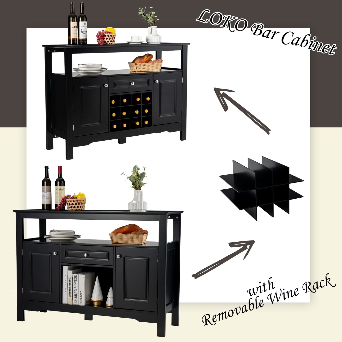 LOKO Buffet Cabinet with Storage, Bar Cabinet with Removable Wine Rack, Buffets & Sideboards with Various Storage Space, 46 x 16 x 32.5 inches (Black) - WoodArtSupply