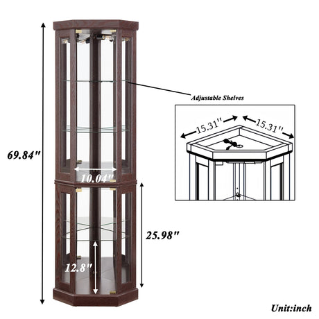 XZTUAJ Corner Curio Cabinet Display Case with Light, 69" H Glass Display Cabinet, Display Showcase Case Storage with Tempered Glass Door & Adjustable Glass Shelves for Living Room (Dark Cherry) XZTUAJ