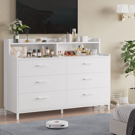 Hasuit 6 Drawers Double Dresser with Shelves, Large Wooden Storage Tower Organizer, Wide Chest of Drawers, White Dresser for Bedroom, Living Room, Entryway Hasuit