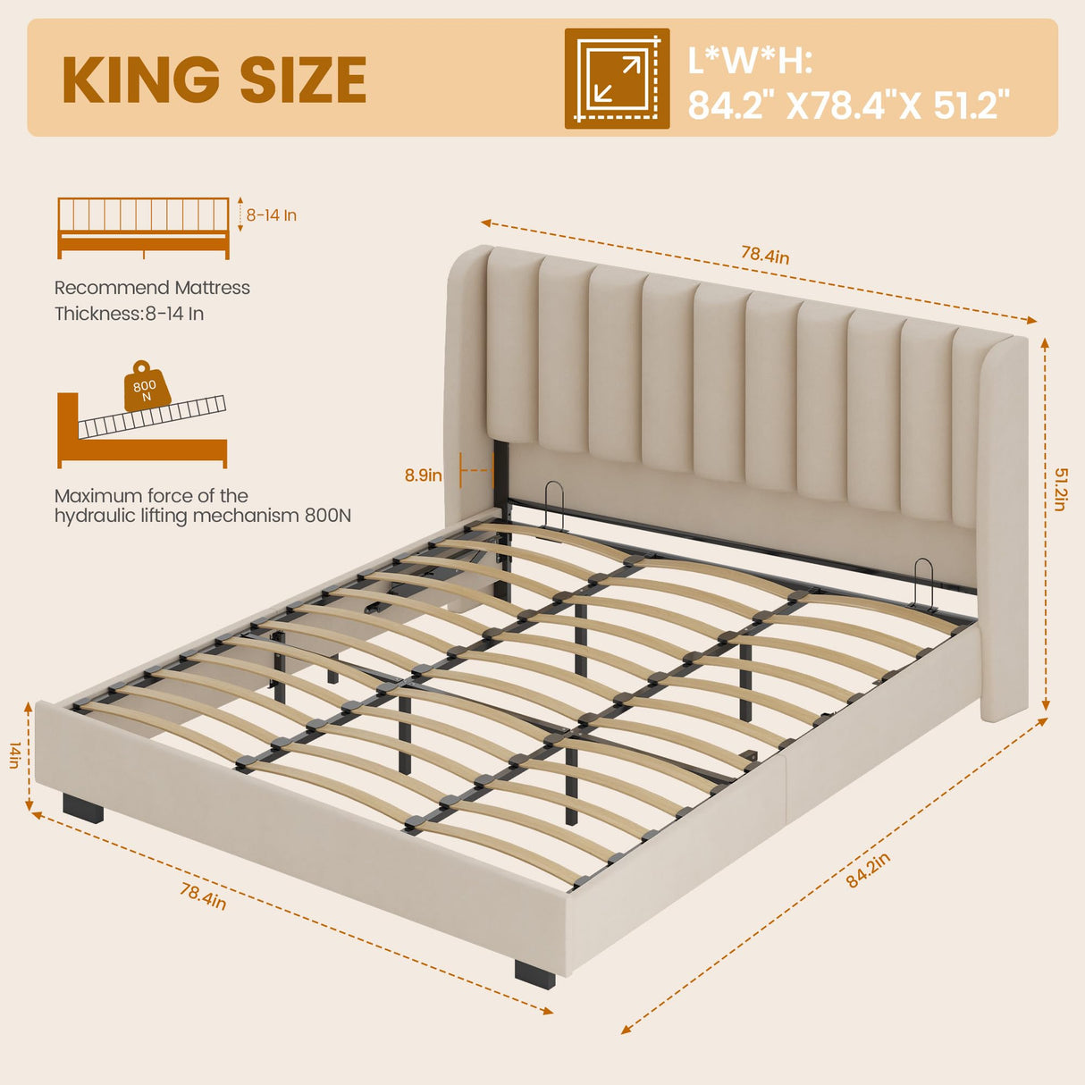 King Size Upholstered Lift Up Storage Bed Frame with 51.2" Tall Headboard, Velvet Wingback Tufted Design, Wood Slats Support, No Box Spring Required, Noise-Free Double Low Bed Frame (King,Beige) knoworld