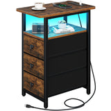 Yoobure End Table with Charging Station, LED Narrow Side Table Bedside Table, Small Night Stand End Tables Living Room, Skinny Nightstand with 3 Fabric Drawers, Side Tables Bedroom for Small Spaces Yoobure