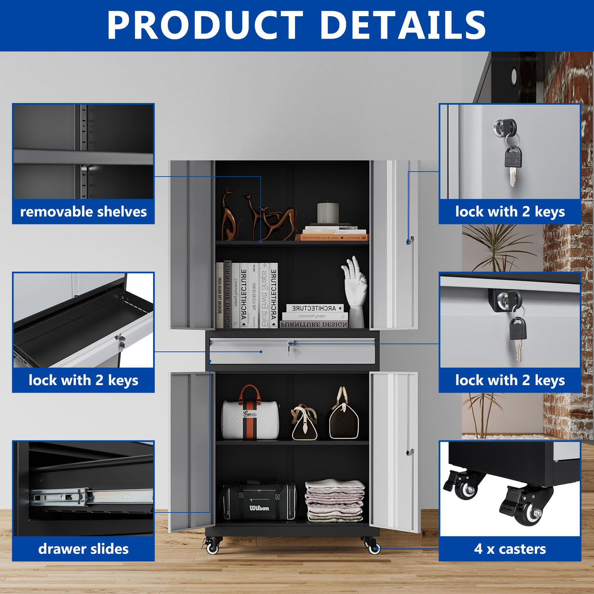 BYNSOE Metal Storage Cabinet with Wheels Metal Garage Cabinet with Adjustable Shelves Tool Storage Cabinet with 1drawer Steel Locker Cabinet with Lock for Home Garage(Black Gray-73 4 casters) BYNSOE