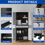 BYNSOE Metal Storage Cabinet with Wheels Metal Garage Cabinet with Adjustable Shelves Tool Storage Cabinet with 1drawer Steel Locker Cabinet with Lock for Home Garage(Black Gray-73 4 casters) BYNSOE