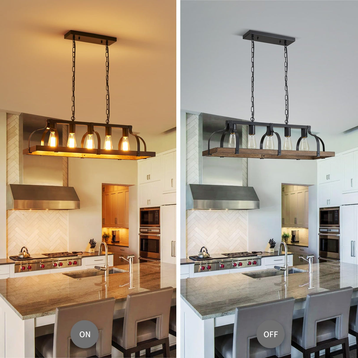 WUZUPS 5-Light Metal Chandelier Imitation Wood Grain Linear Pendant Ceiling Lighting Rustic Farmhouse Fixture Kitchen Island Dining Room, H 8.5" L 31.5" W10, E26 Base, Black & Retro Wood WUZUPS