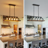 WUZUPS 5-Light Metal Chandelier Imitation Wood Grain Linear Pendant Ceiling Lighting Rustic Farmhouse Fixture Kitchen Island Dining Room, H 8.5" L 31.5" W10, E26 Base, Black & Retro Wood WUZUPS