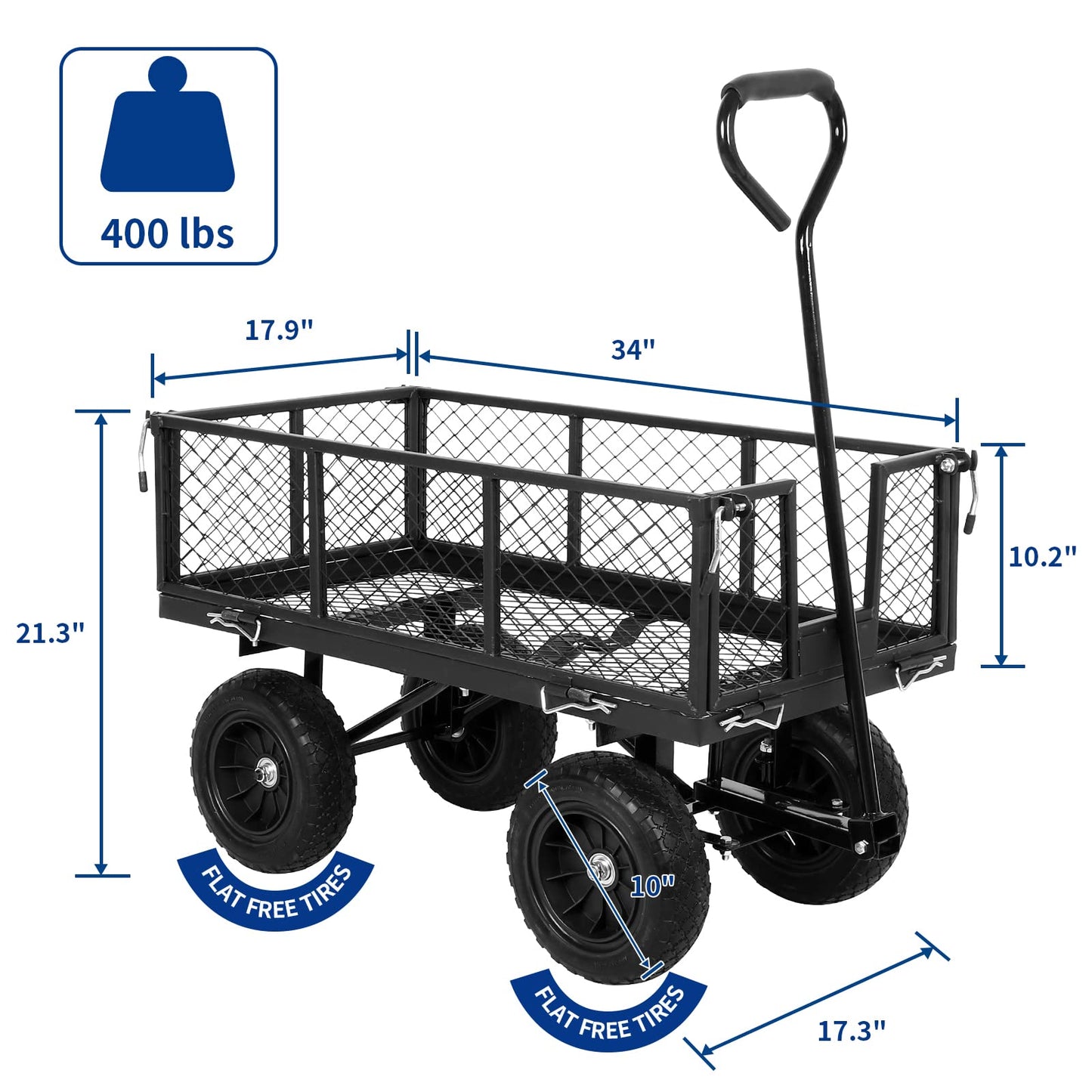 BILT HARD 400 lbs 10" Flat Free Tires Steel Garden Cart with 180° Rotating Handle and Removable Sides, 4 Cu.Ft Capacity Utility Heavy Duty Garden Carts and Wagons - WoodArtSupply