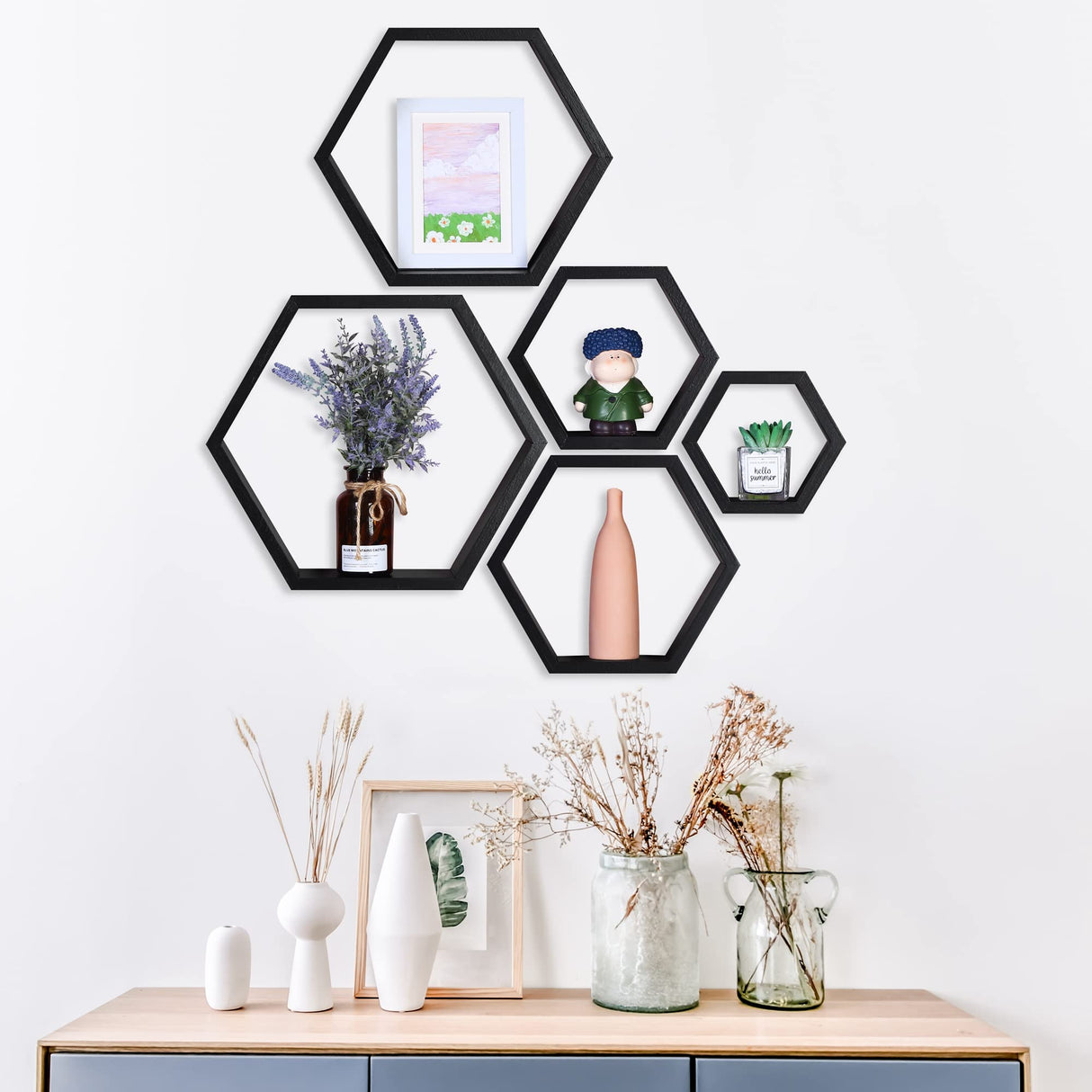 PHOENANCEE Hexagon Floating Shelves,Wall Mounted Wood Farmhouse Storage Honeycomb Wall Shelf Set of 5,for Bathroom, Kitchen, Bedroom, Living Room,Office,Home Room Wall Decor Driftwood Finish PHOENANCEE